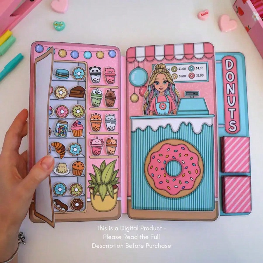 Art Craft 3 Year Old - ชุดของเล่นจำลองร้านโดนัท, หนังสือสติกเกอร์บ้านตุ๊กตากระดาษ DIY, ชุดงานฝีมือหนังสือเงียบสำหรับเด็ก, ชุดตัดและทำของเล่นแฮนด์เมด