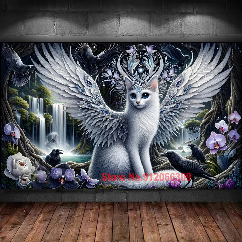 Art And Craft Jungle - ที่สวยงาม Vibrant ป่าปีกสีขาวแมวเพชรจิตรกรรม Kit-DIY Psychedelic สัตว์แฟนตาซีน้ําตกดอกไม้หัตถกรรมโมเสค