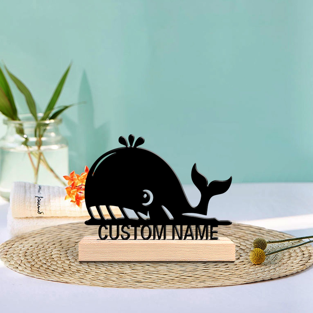 Art Craft Names - รูปปั้นโลหะรูปปลาวาฬแบบนามธรรม 1 ชิ้น พร้อมฐานไม้ ของตกแต่งงานศิลปะ สามารถสลักชื่อได้