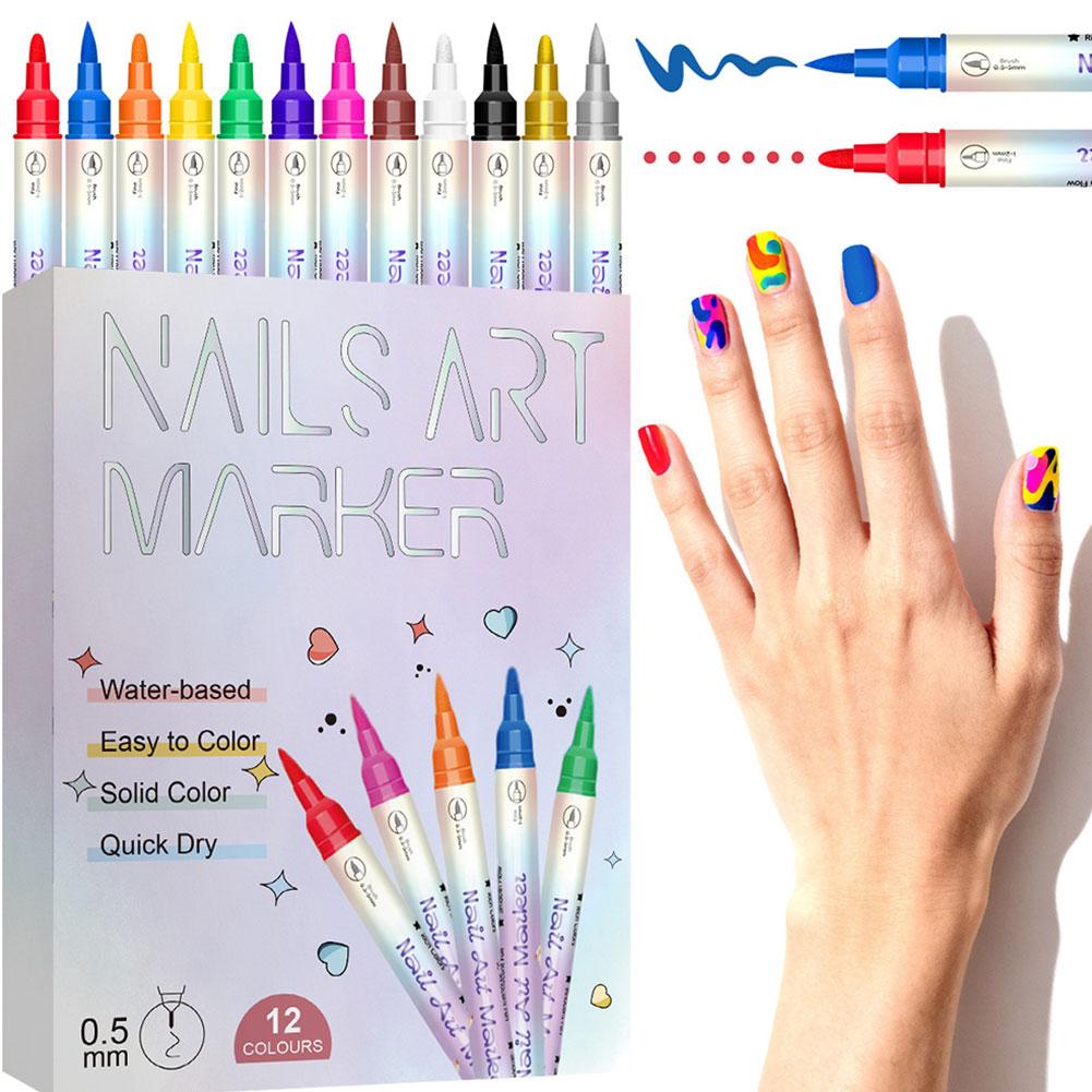 Illustration Marker Set - ปากกามาร์คเกอร์เพ้นท์เล็บ 12 สี แบบน้ำ แห้งเร็ว หัวสองด้าน